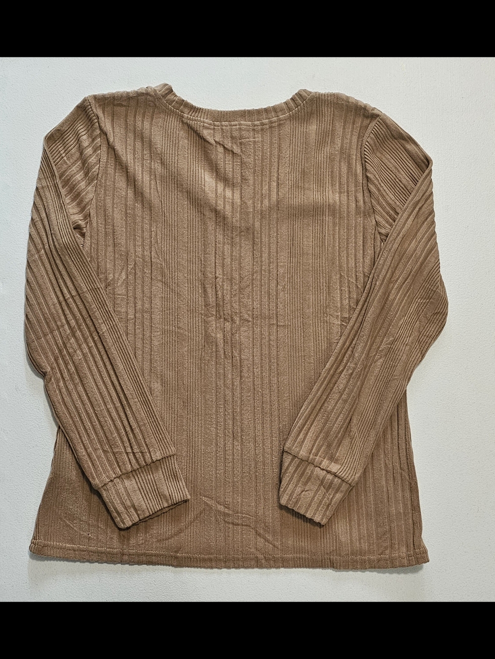 Tan Ribbed V-Neck Long Sleeve Top - Picture 6 of 6